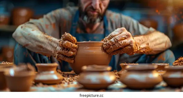 Male potter working on a clay pot in his pottery studio