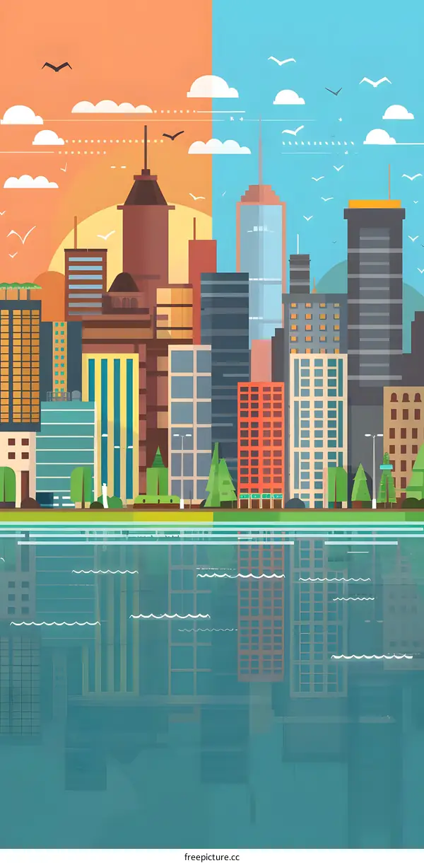 Flat Design Cityscape with Reflection in Water