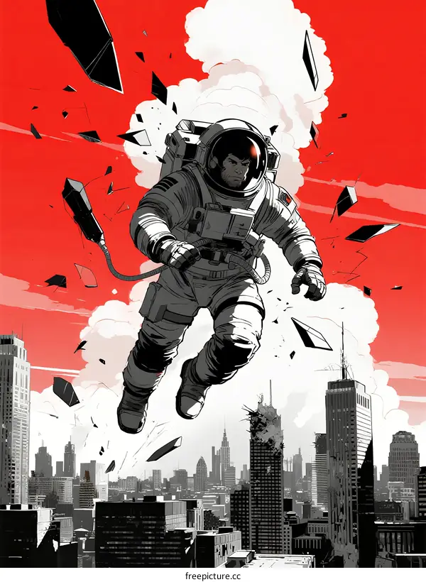 Astronaut floating amid city buildings with debris around