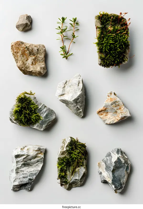 Nature Stones with Moss and Plants on Grey Background