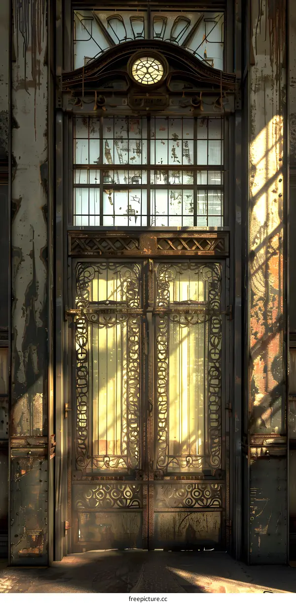 Rusty Old Ornate Iron Doors with a Clock