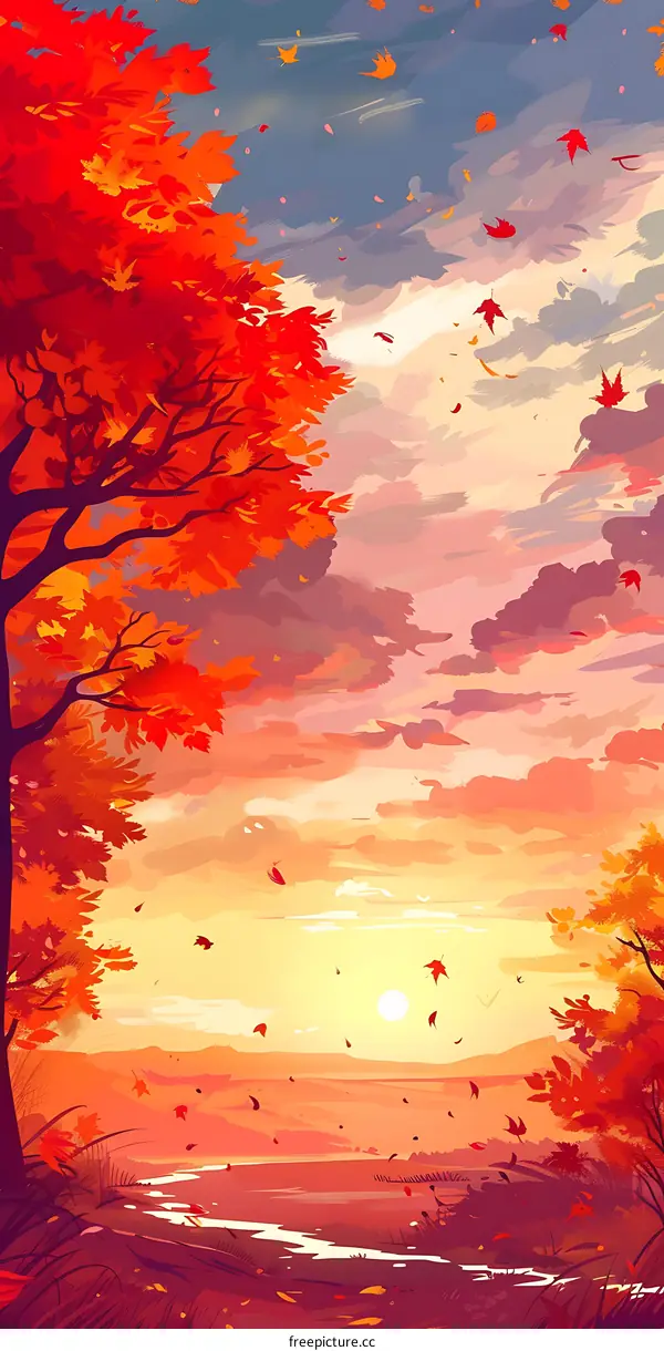 Autumn Landscape with Red Leaves Falling in the Wind