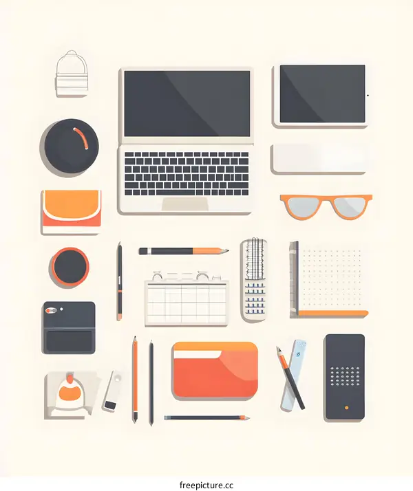 Flat Design Illustration of Laptop, Smartphone, Pencil, and Glasses on a White Background