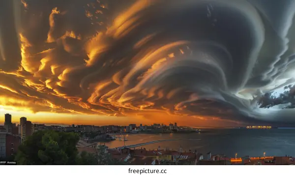 Stunning sunset sky over coastal city