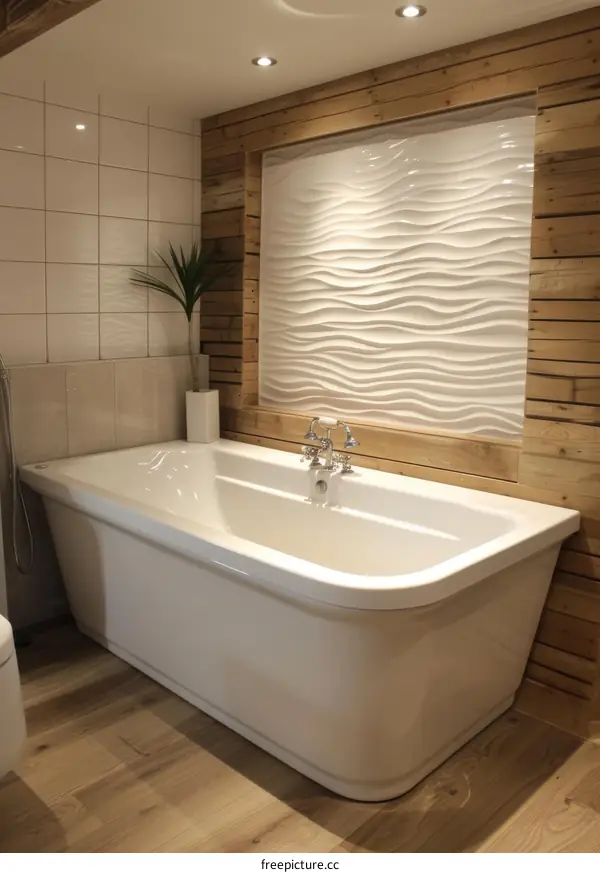 Modern Wooden Bathroom with Elegant Bathtub