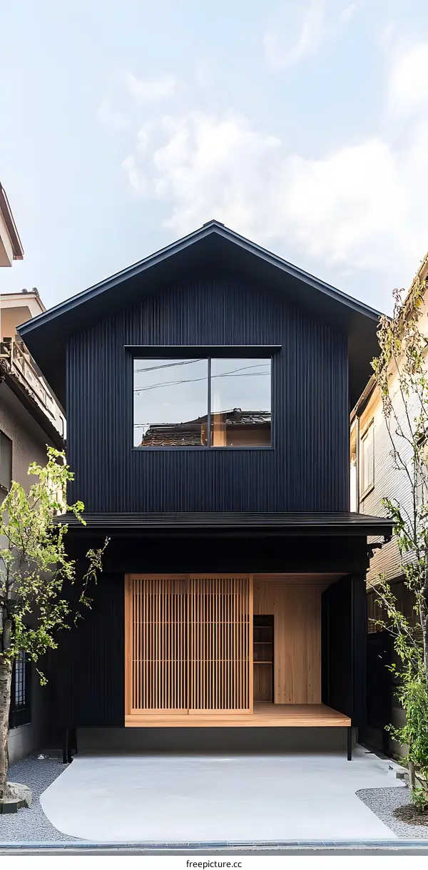 Modern Japanese House with Black Siding and Wooden Accents