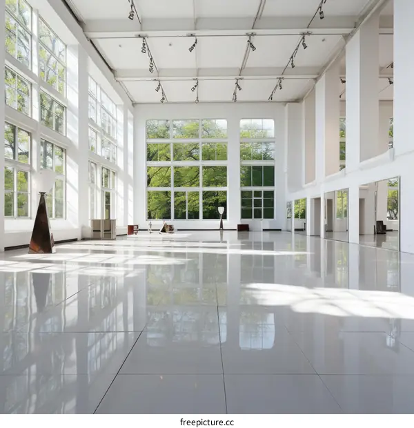 An empty hall with large windows and white walls