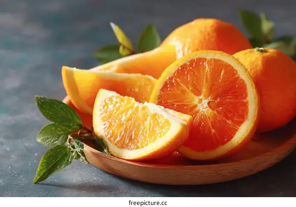 Freshly Sliced Oranges on Wooden Plate