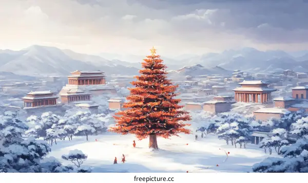 Winter Wonderland Christmas Tree in Ancient Cityscape
