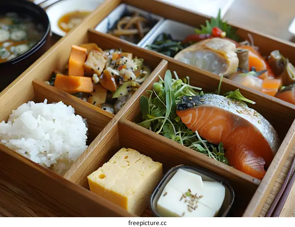 A delicious and healthy Japanese bento box with salmon, rice, vegetables, and miso soup