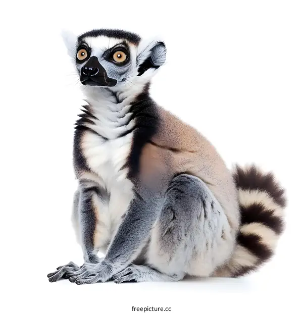 Cute Ring Tailed Lemur Sitting On White Background
