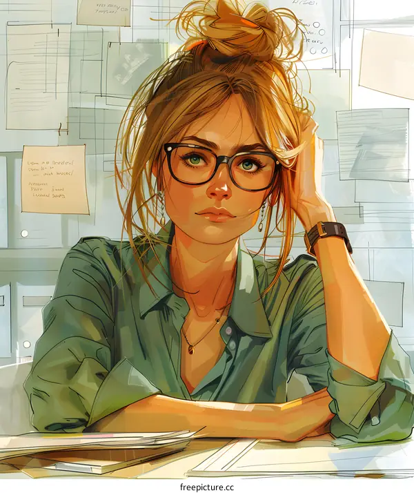 Woman with Glasses Sitting at Desk with Papers