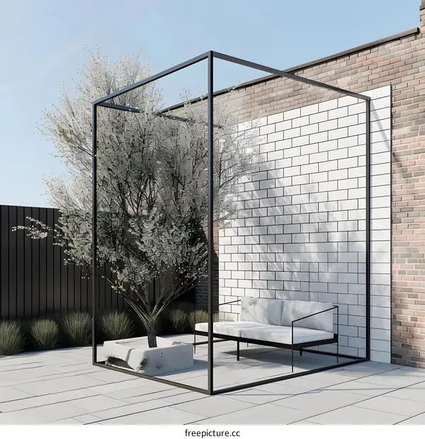 Minimalist Modern Backyard Design with Black Steel Frame and White Tile Wall