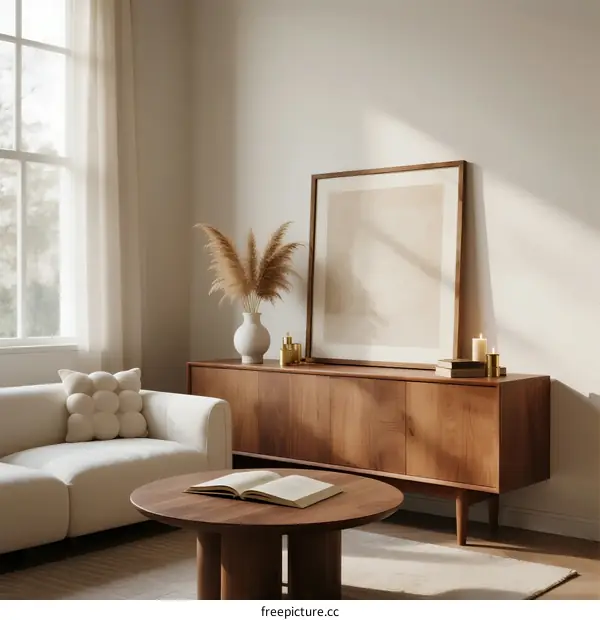 Modern living room with wooden cabinet and cozy sofa