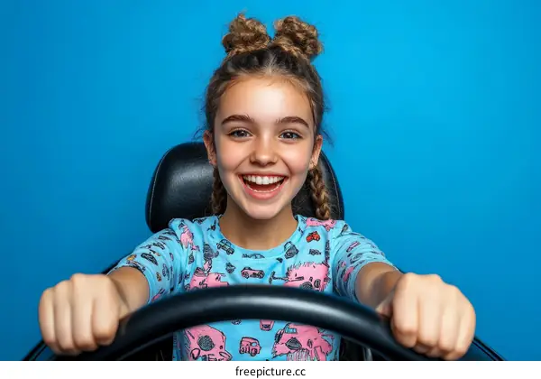 Girl Driving a Steering Wheel Photo