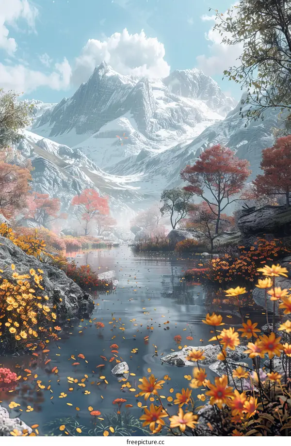 Colorful Mountain Stream Flowing Through a Picturesque Autumn Valley