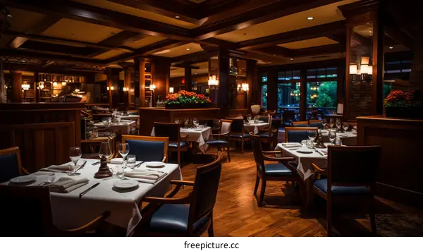 Elegant restaurant interior with wooden tables and chairs