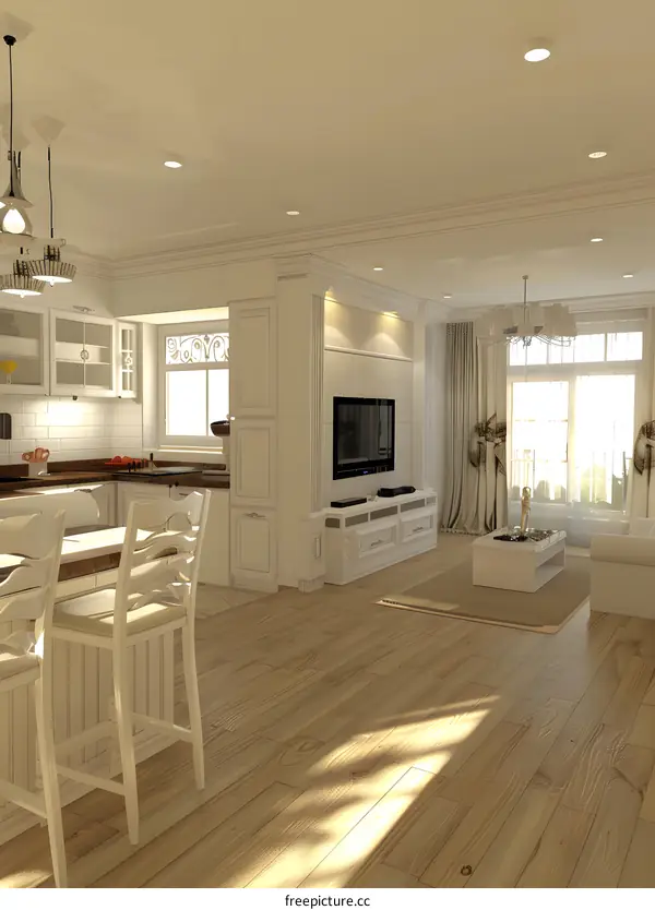 Modern Kitchen and Living Room Interior Design with White Cabinets and Wooden Floor