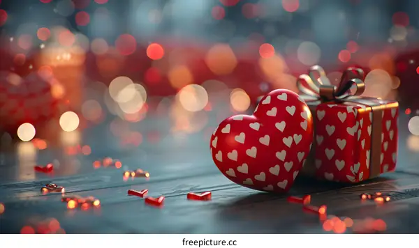 Red and white heart with a gold ribbon on a wooden table with a blurred background of red and gold lights.