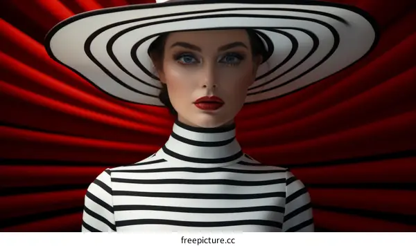 portrait of a young caucasian woman wearing a black and white striped turtleneck and a large black and white striped hat with red curtain in the background