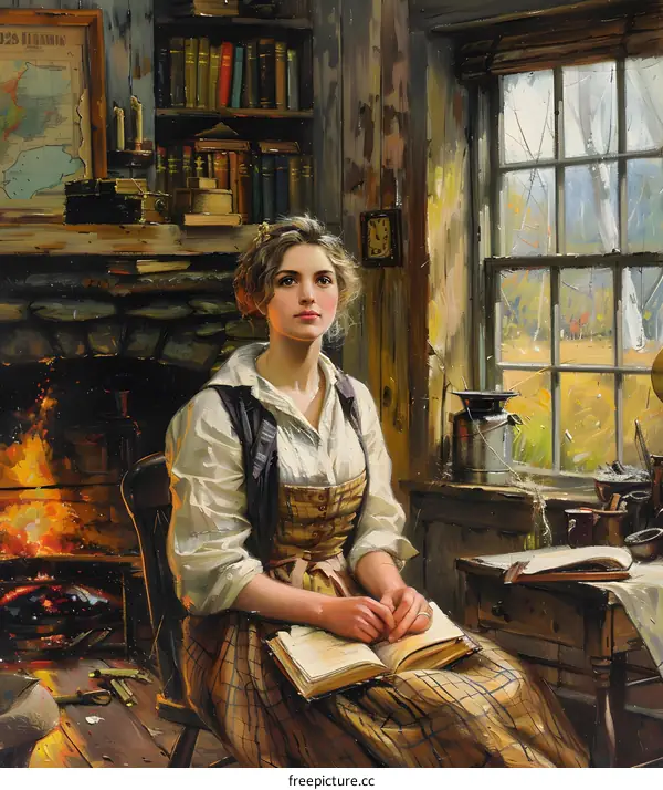 portrait of a young woman reading a book by the fireplace