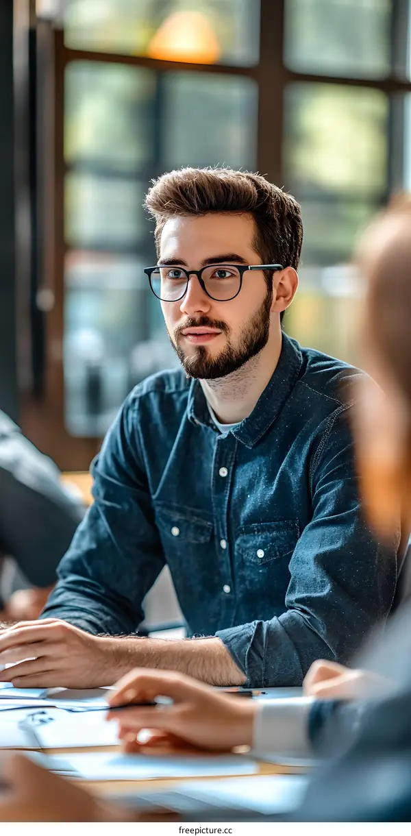 Young Man in Business Meeting Listening to Presentation
