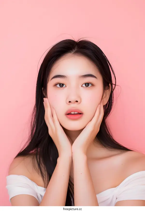 Young Asian Woman Portrait with Pink Background