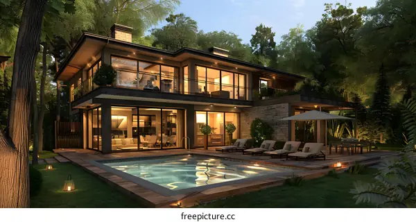 A modern house in the forest complements the natural landscape