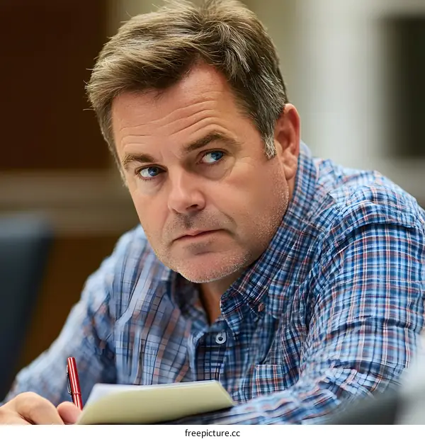 Caucasian Man in Plaid Shirt Taking Notes