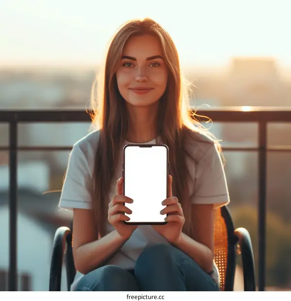 Smiling young woman holding a smartphone with a blank screen