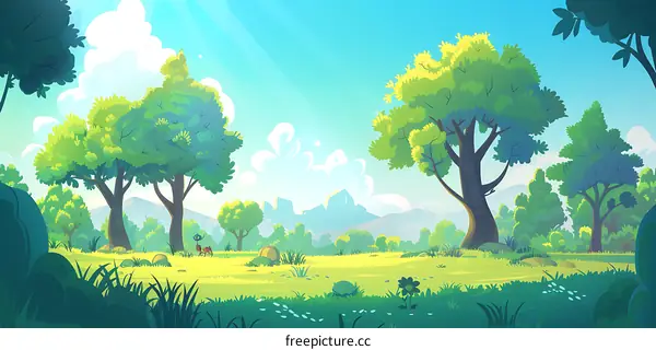 Green Forest Landscape with Sun Rays