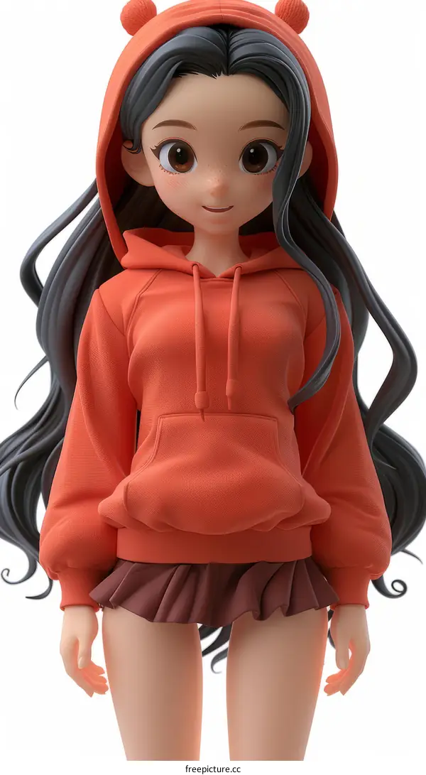 anime girl with brown hair wearing an orange hoodie
