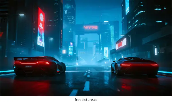 Neon-lit sports cars racing through futuristic city streets at night