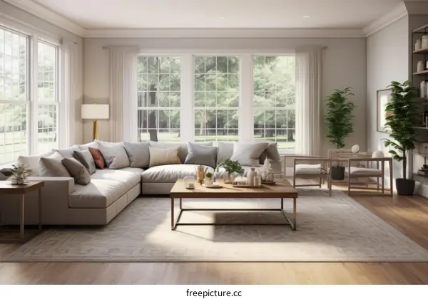 Bright airy living room with large windows and comfortable seating