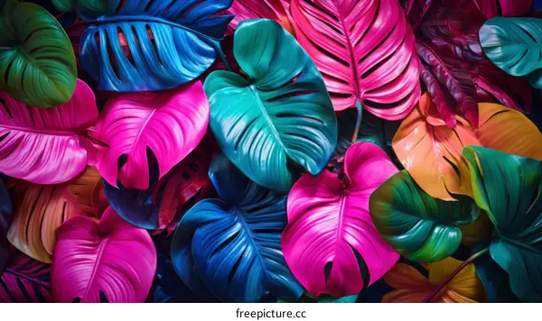 vibrant colors of various tropical leaves