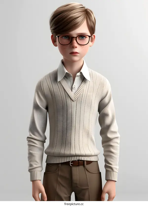 Young Boy Wearing Glasses With Sweater And Shirt
