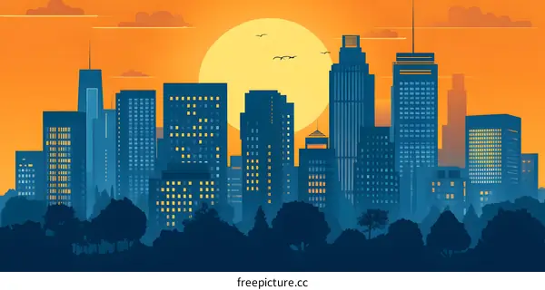 Silhouette of City Skyline at Sunset
