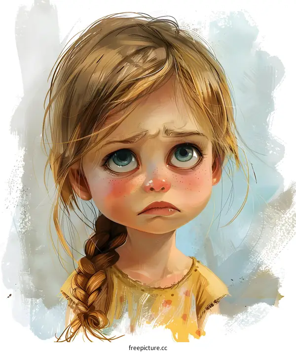 Portrait of a Sad Little Girl with Blonde Hair and Blue Eyes