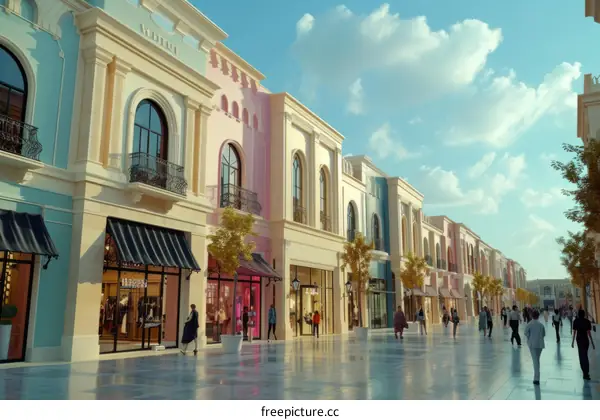 An illustration of a wide pedestrian street with shops on both sides