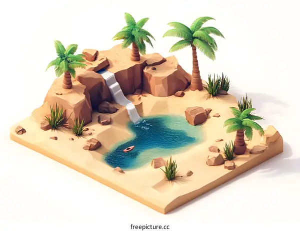Low Poly Oasis Scene With Palm Trees And Waterfall