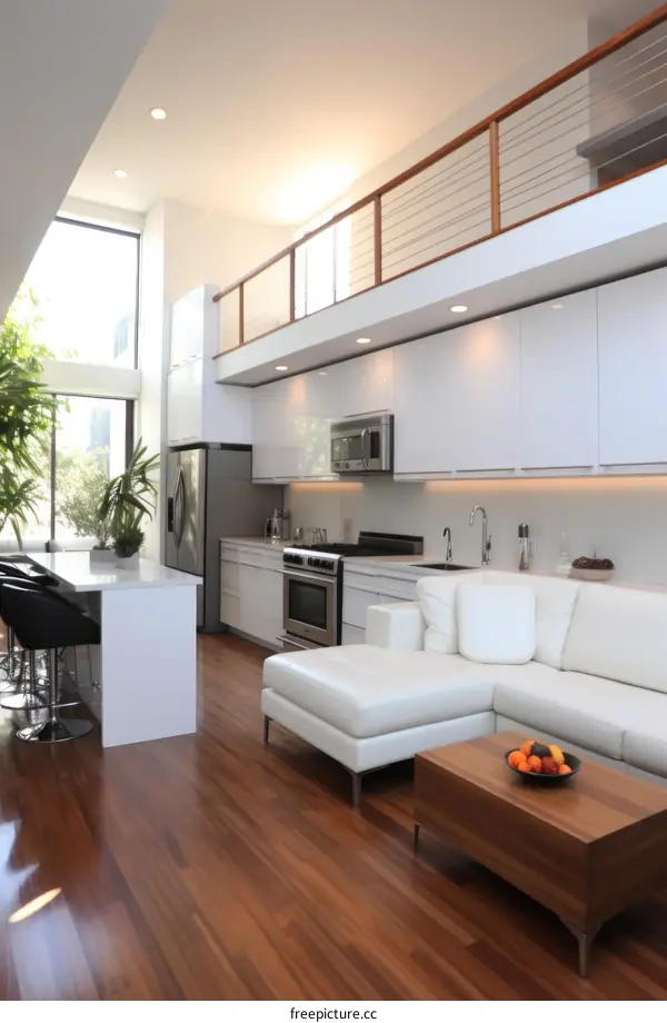 An open-concept living space with white walls and wood floors