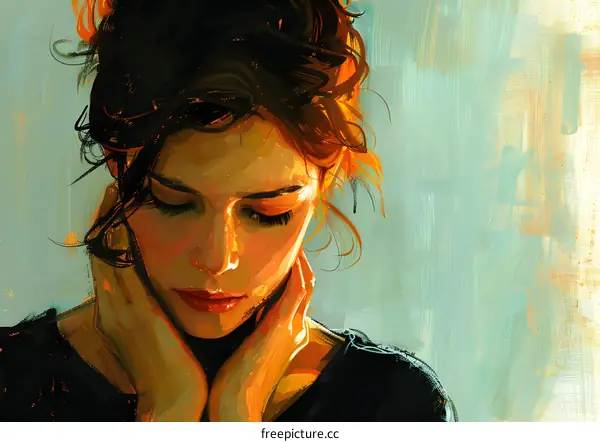 Portrait of a Woman with Closed Eyes and Hands on Her Neck