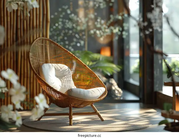 Woven Rattan Chair with Plant in the Room