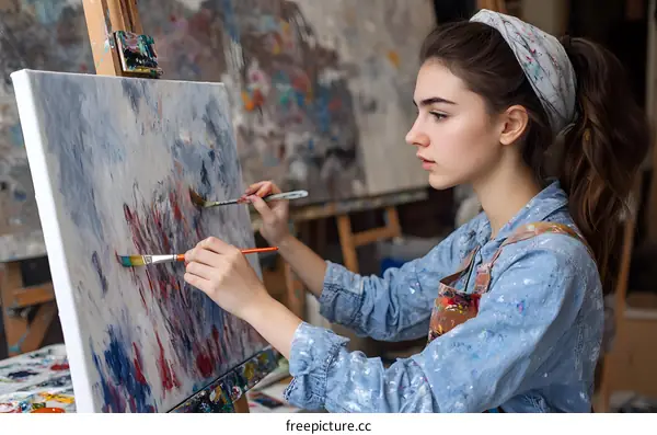 Young Woman Artist Painting in Studio