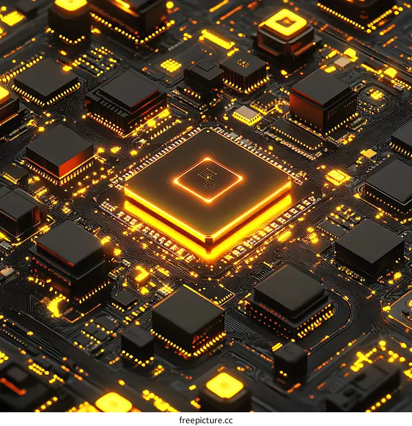 Close-up Circuit Board with Illuminated Processor