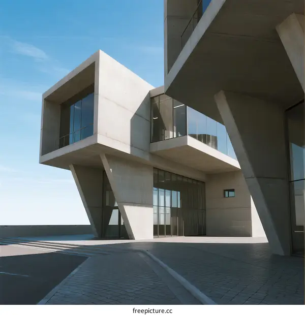 Modern Concrete Building with Overhanging Structures and Glass Facades