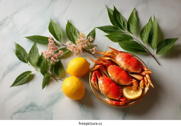 Freshly Cooked Dungeness Crabs with Lemon and Flowers