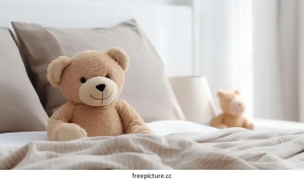 A cute teddy bear sitting on a bed with a blanket.
