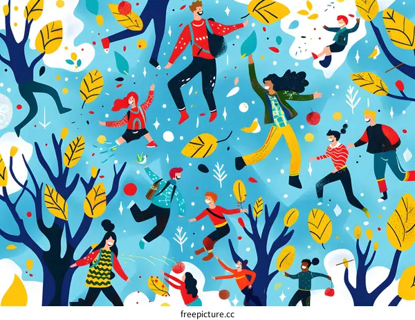 Happy People Jumping in Autumn Forest Illustration