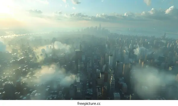 Aerial View of a Foggy Metropolis